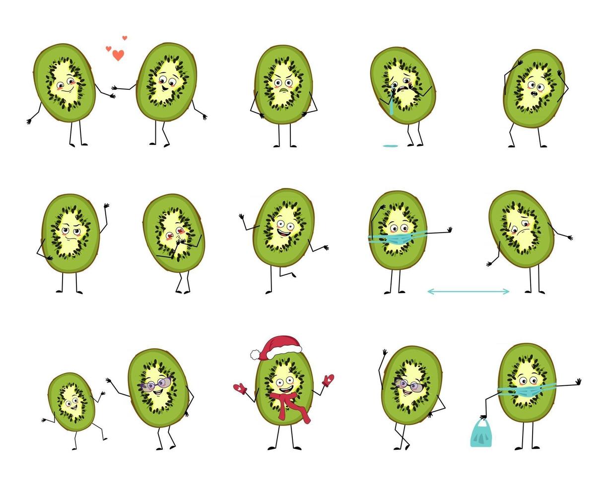 Set of kiwi characters with emotions, face, arms and legs. Cheerful or sad exotic fruit falls in love, keeps distance in a mask, dances in a Santa hat vector