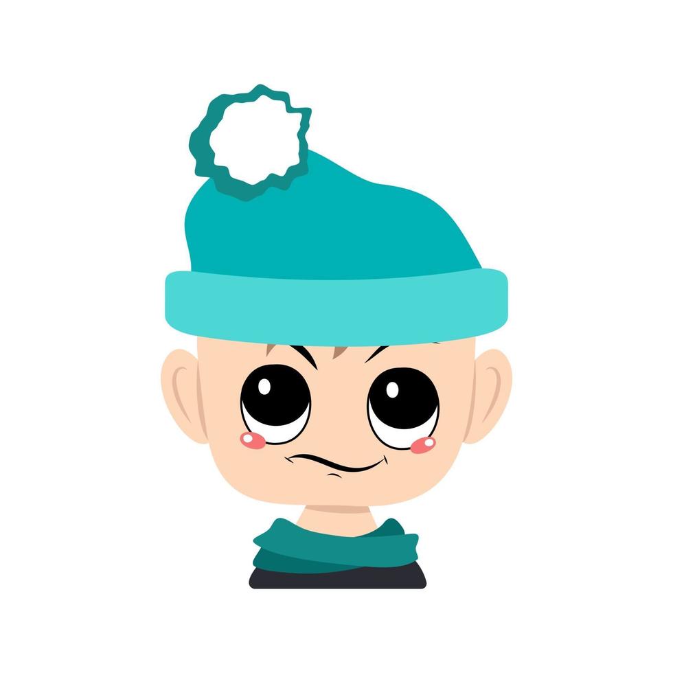 Avatar of child with emotions of suspicious, displeased eyes in blue hat with pompom. Head of toddler with annoyed expression vector