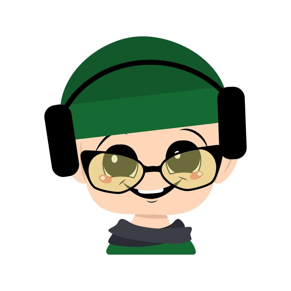 avatar de un niño con ojos grandes y una amplia sonrisa en un sombrero verde con auriculares. un niño lindo con una cara alegre con un tocado y una bufanda otoñal o de invierno. cabeza de adorable bebé con emociones felices vector