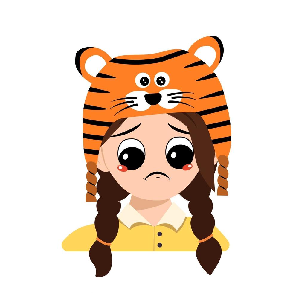 Girl with big eyes and sad emotions, depressed face, down eyes in festive costume for New Year, Christmas and holiday. Head of adorable child with melancholy expression in carnival costume vector