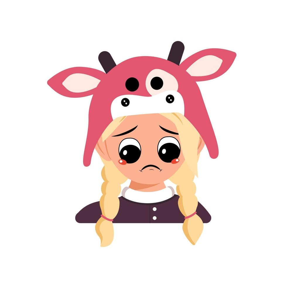Girl with blonde hair and sad emotions, depressed face, down eyes in cow hat. Head of cute child with melancholy expression in carnival costume for the holiday, Christmas or New year vector