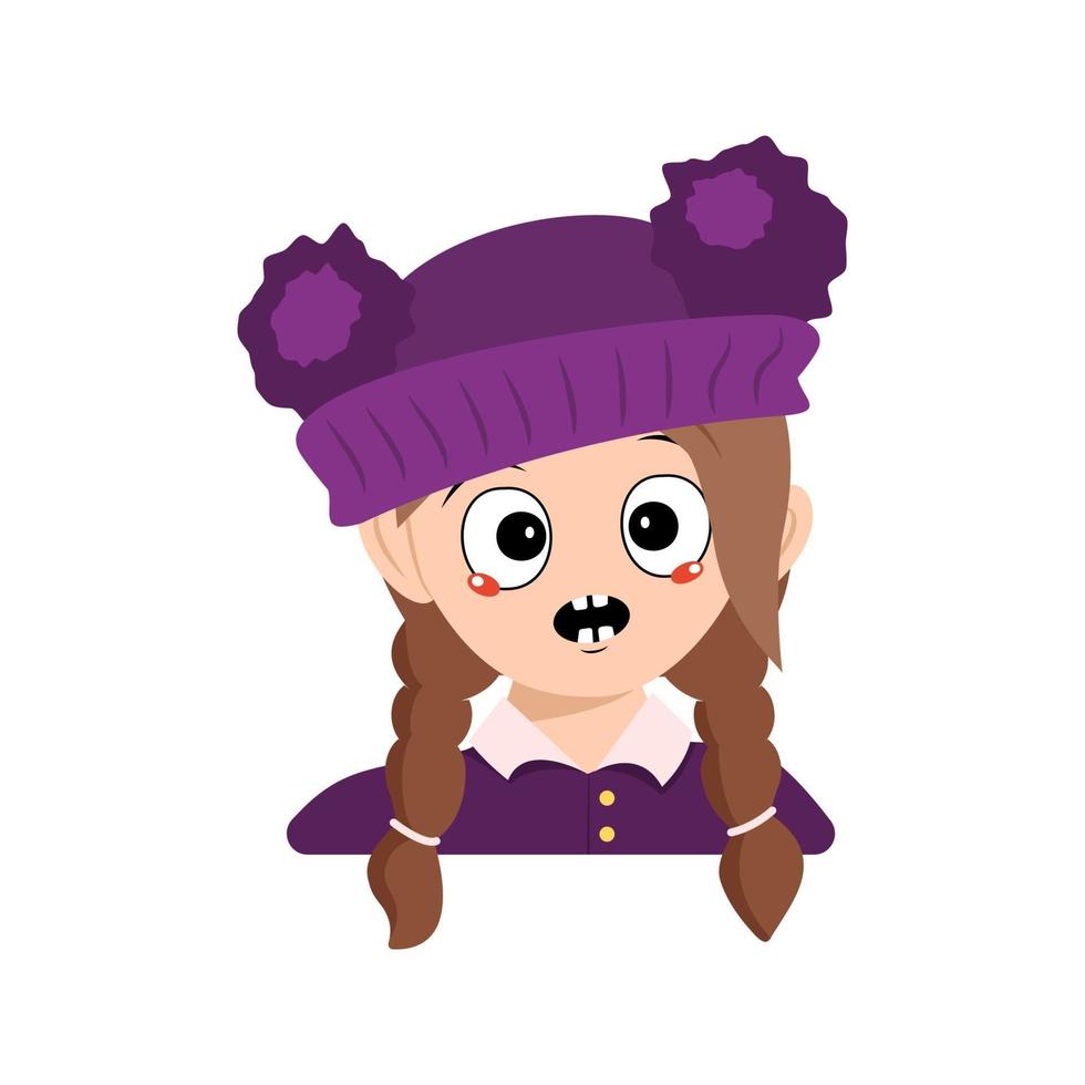 Avatar of girl with emotions panic, surprised face, shocked eyes in purple hat with pompom. Head of child with scared expression vector