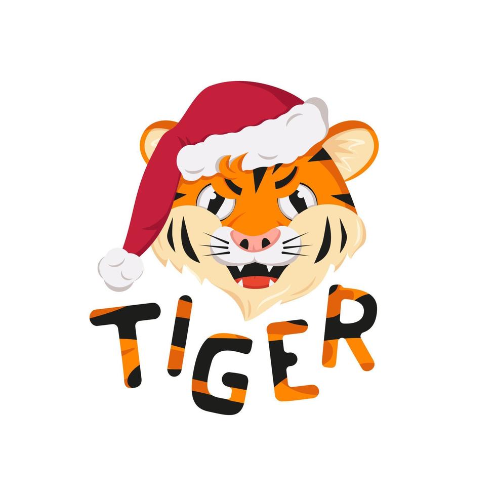 tigre enojado, símbolo del año nuevo en rojo gorro de santa de navidad. animales salvajes de áfrica, cara con emoción furiosa, decoración navideña con letras de rayas naranjas vector