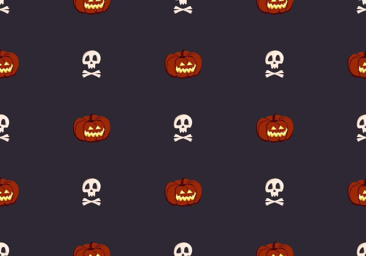 Bright seamless pattern with pumpkins and skulls. Festive autumn decoration for Halloween. Holiday October background for paper print, textile and design vector