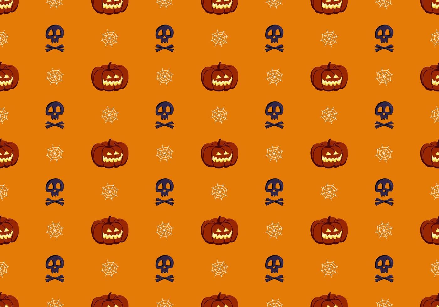 patrón transparente brillante con calabazas, calaveras y telarañas. decoración festiva de otoño para halloween. Fondo de octubre de vacaciones para impresión en papel, textil y diseño. vector