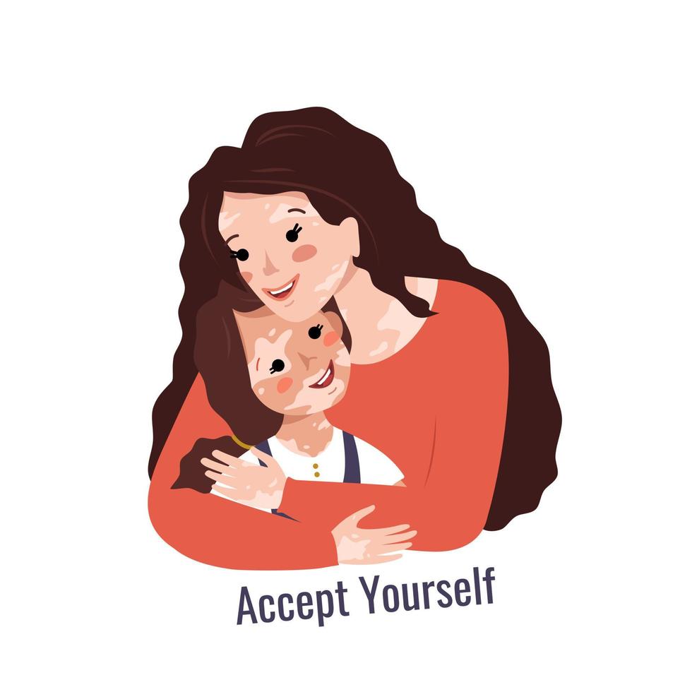 hermosa madre con cabello largo y vitiligo abraza a su hija. inscripción aceptarse a sí mismo. ilustración vectorial de enfermedades de la piel y cuidado de su cuerpo. enséñele a su hijo a amarse a sí mismo vector