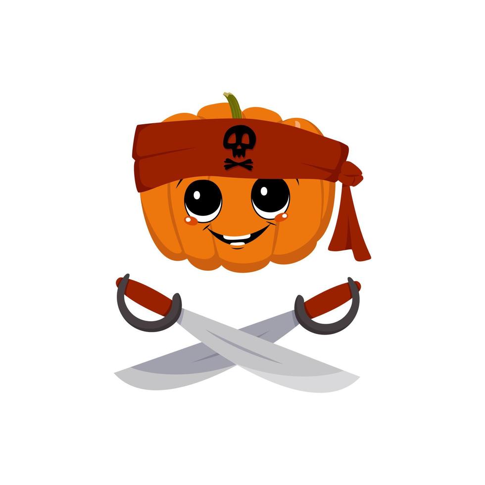 lindo personaje de calabaza con emociones felices, rostro, ojos grandes y amplia sonrisa en pañuelo con calavera y sables cruzados. decoración de fiesta de halloween. héroe vegetal travieso vector