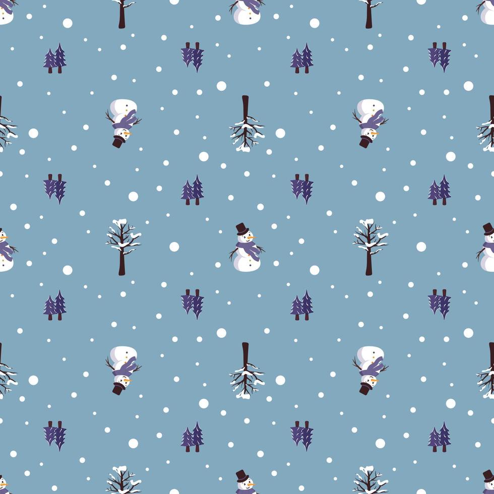 Seamless pattern with festive Christmas houses, snowman, trees and snowflakes vector