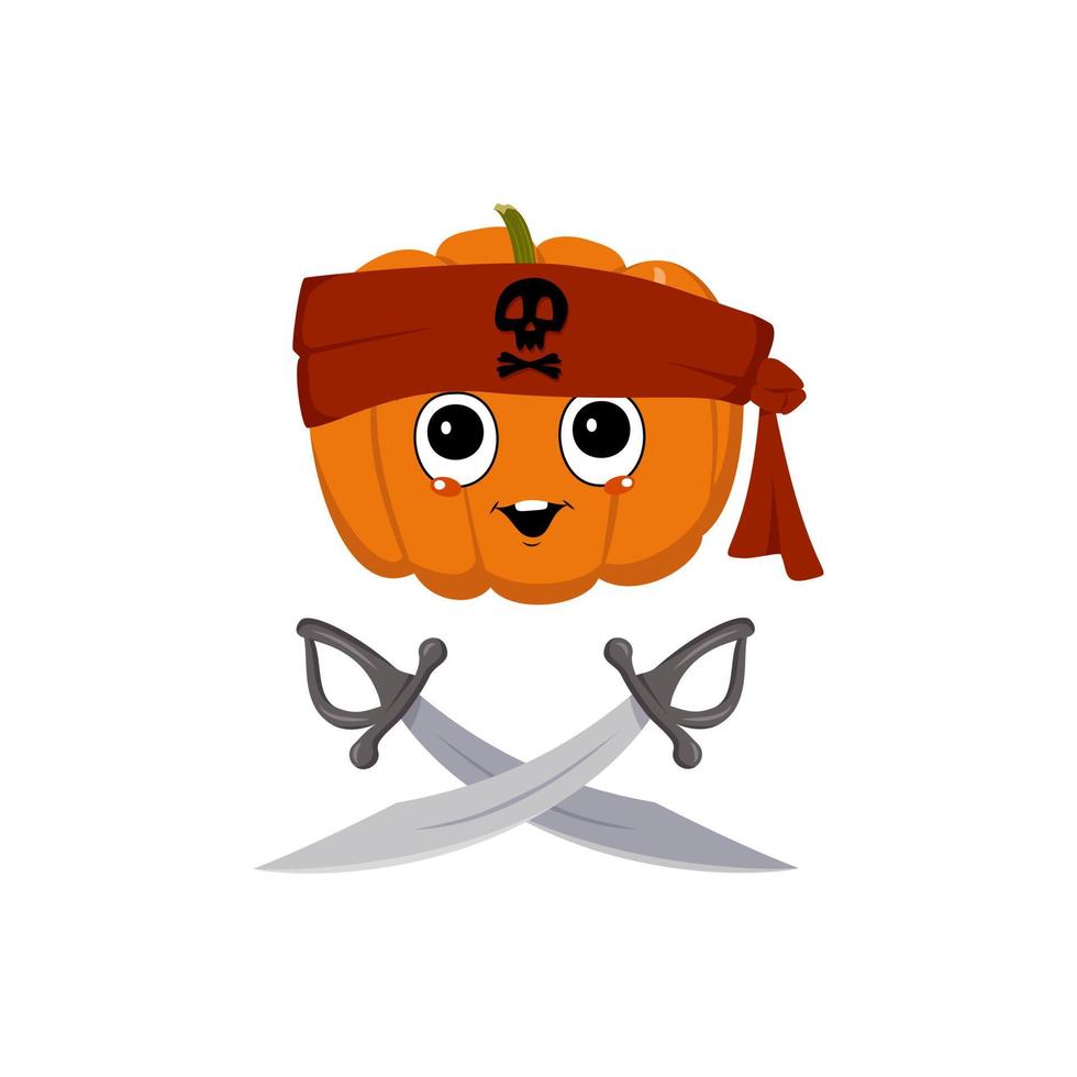 lindo personaje de calabaza con emociones felices, rostro, ojos grandes y amplia sonrisa en pañuelo con calavera y sables cruzados. decoración de fiesta de halloween. héroe vegetal travieso vector