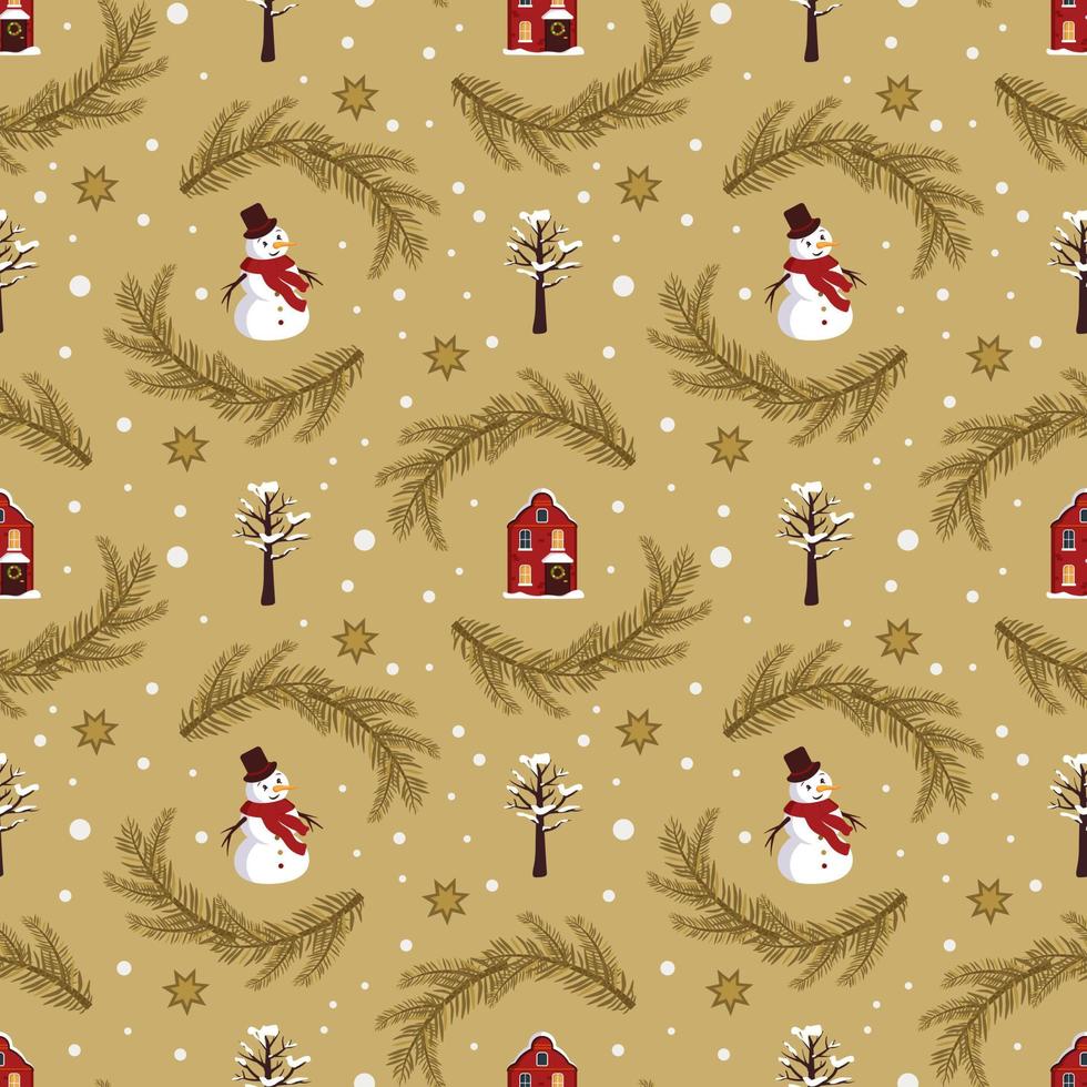 Seamless pattern with festive Christmas houses, snowman, trees in snow and stars on cold background. Bright print for New Year and winter holidays for wrapping paper, textile and design vector