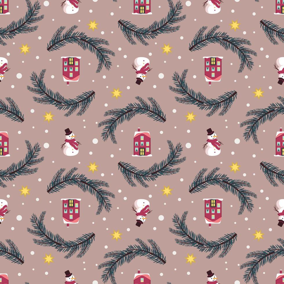 Seamless pattern with festive Christmas houses, snowman and stars on cold background. Bright print for New Year and winter holidays for wrapping paper, textile and design vector