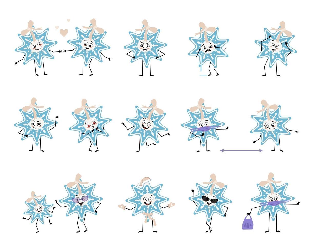 Set of cute Christmas snowflake character with emotions, face, arms and legs. Cheerful or sad festive decoration for New year falls in love, keep distance in mask, dance in Santa hat and expressions vector