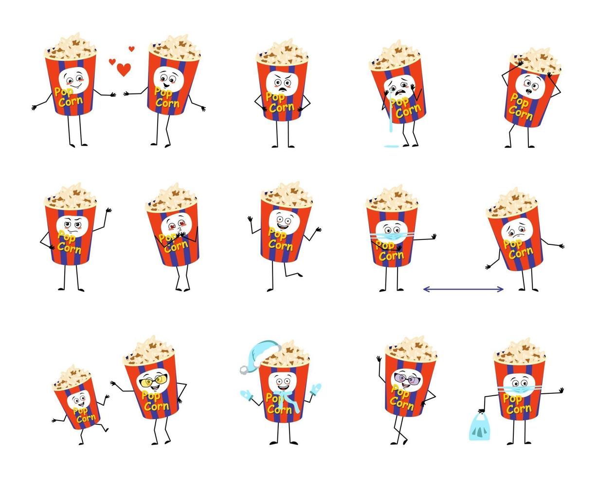 Set of popcorn in a holiday box characters with emotions, face, hands and legs. Happy or sad snack for cinema and films falls in love, keeps distance in a mask, dances in a Santa hat vector