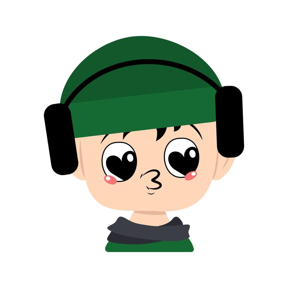 Child with big heart eyes and kiss lips in green hat with headphones. Cute kid with loving face in autumnal or winter headdress and scarf. Adorable baby with emotions vector