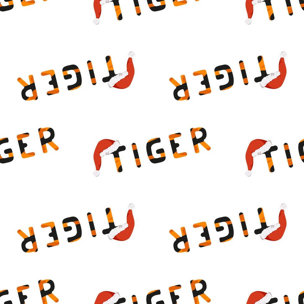 Seamless pattern with tiger letters and word in red Santa hat. Festive print for new year and winter holidays, textiles, wrapping paper and designs vector
