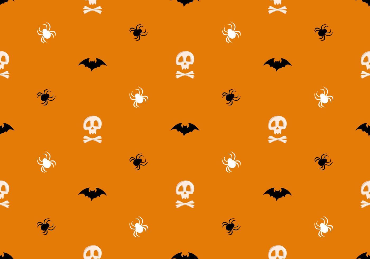 Bright seamless pattern with skulls and crossbones, spiders and bats on orange background. Fashion print for kids party, holiday, halloween, textile and design vector