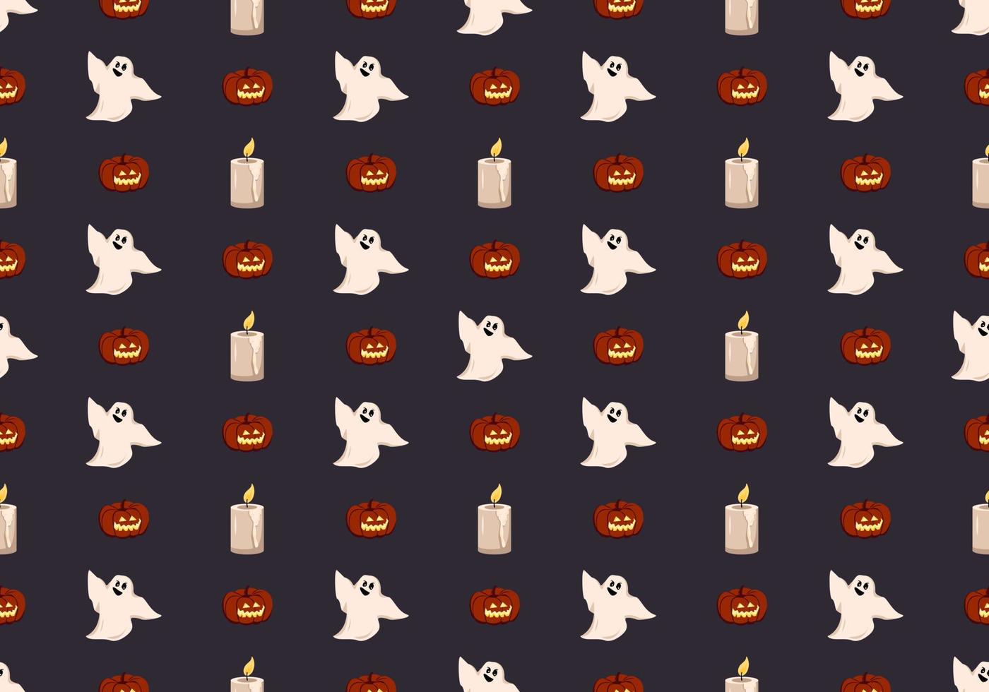 Bright dark pattern with pumpkins, ghosts and candle. Festive autumn decoration for Halloween. Holiday October background for paper print, textile and design vector