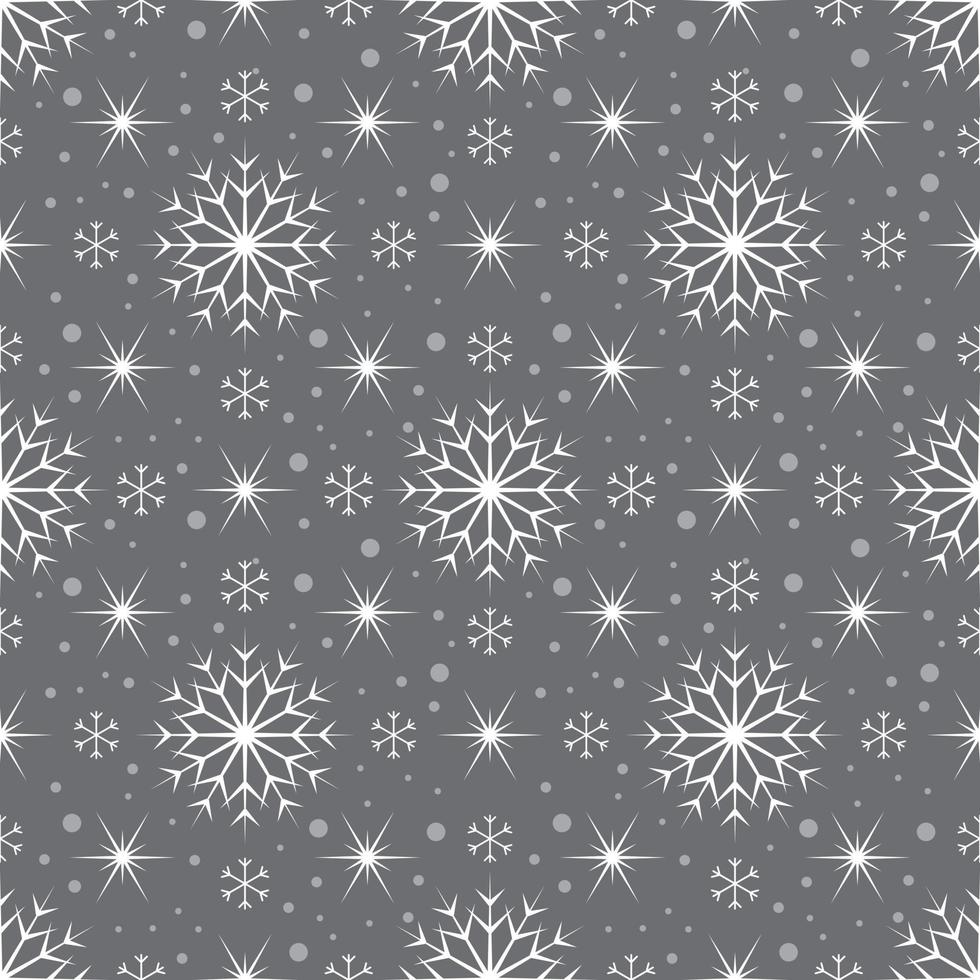 Seamless pattern with white snowflakes and stars on grey background. Festive winter traditional decoration for New Year, Christmas, holidays and design. Ornament of simple line vector