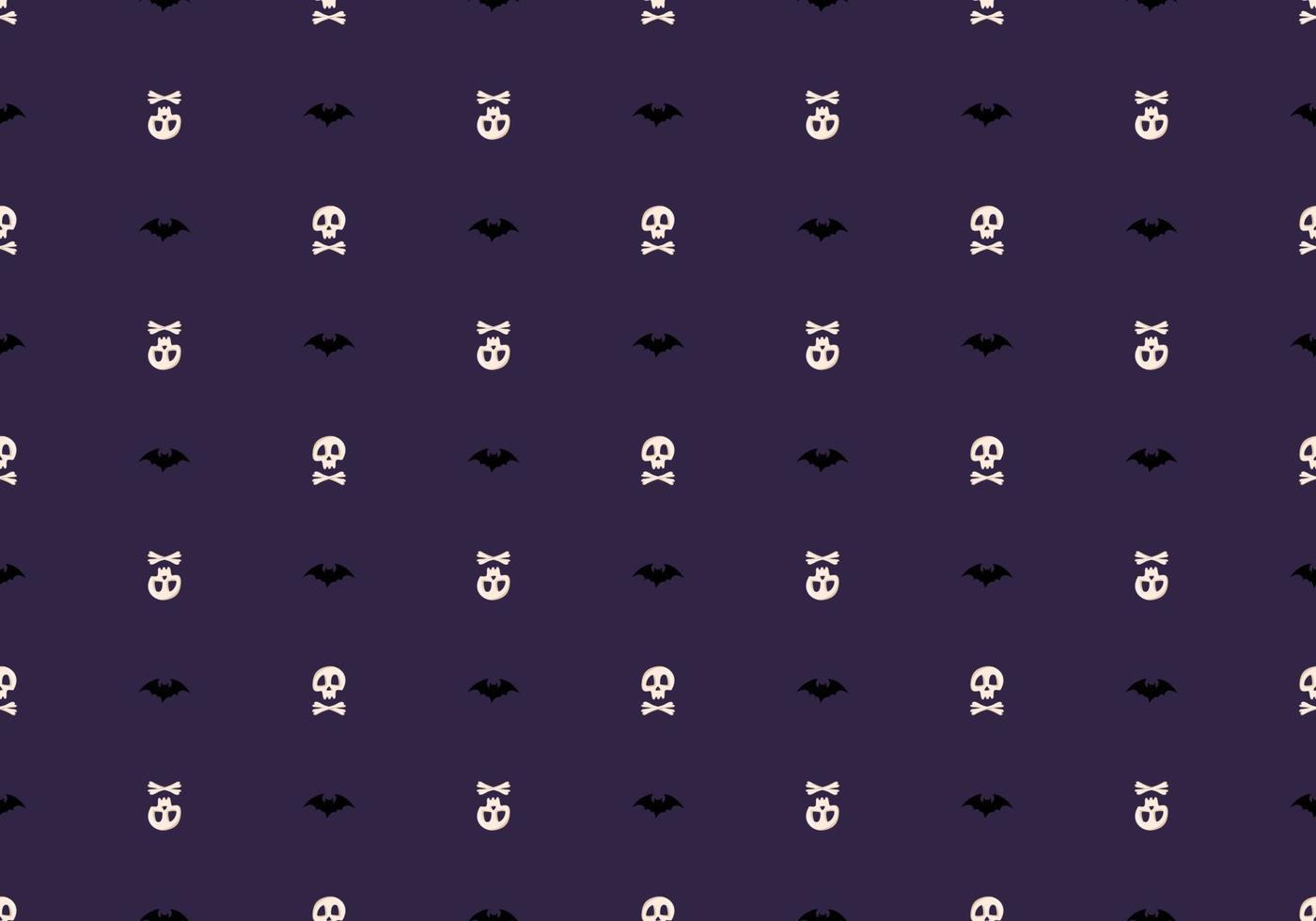 Seamless pattern with skulls, crossbones and bats on purple background. Fashion print for kids party, holiday, halloween, textile and design vector