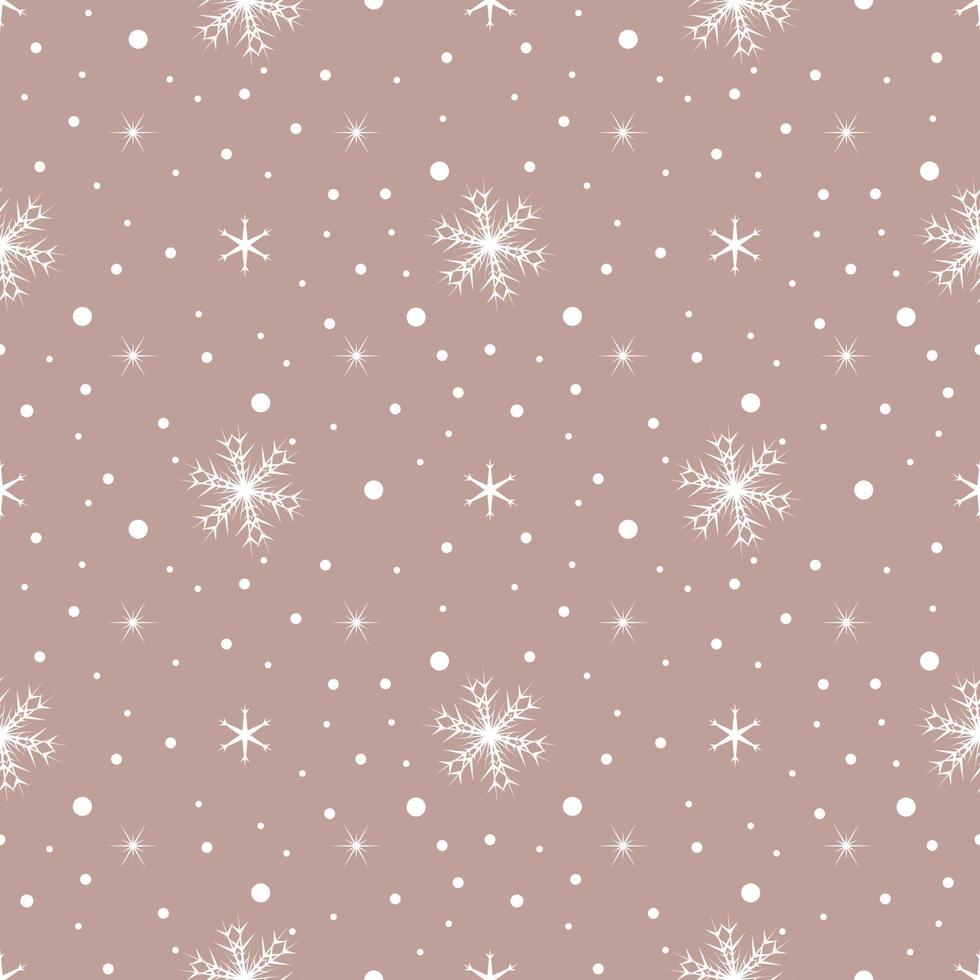 Seamless pattern with white snowflakes and dots on pink background. Festive winter traditional decoration for New Year, Christmas, holidays and design. Ornament of simple line vector