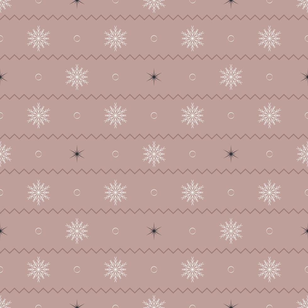 Seamless pattern with white snowflakes, black stars on pink background. Festive winter traditional decoration for New Year, Christmas, holidays and design. Ornament of simple line vector