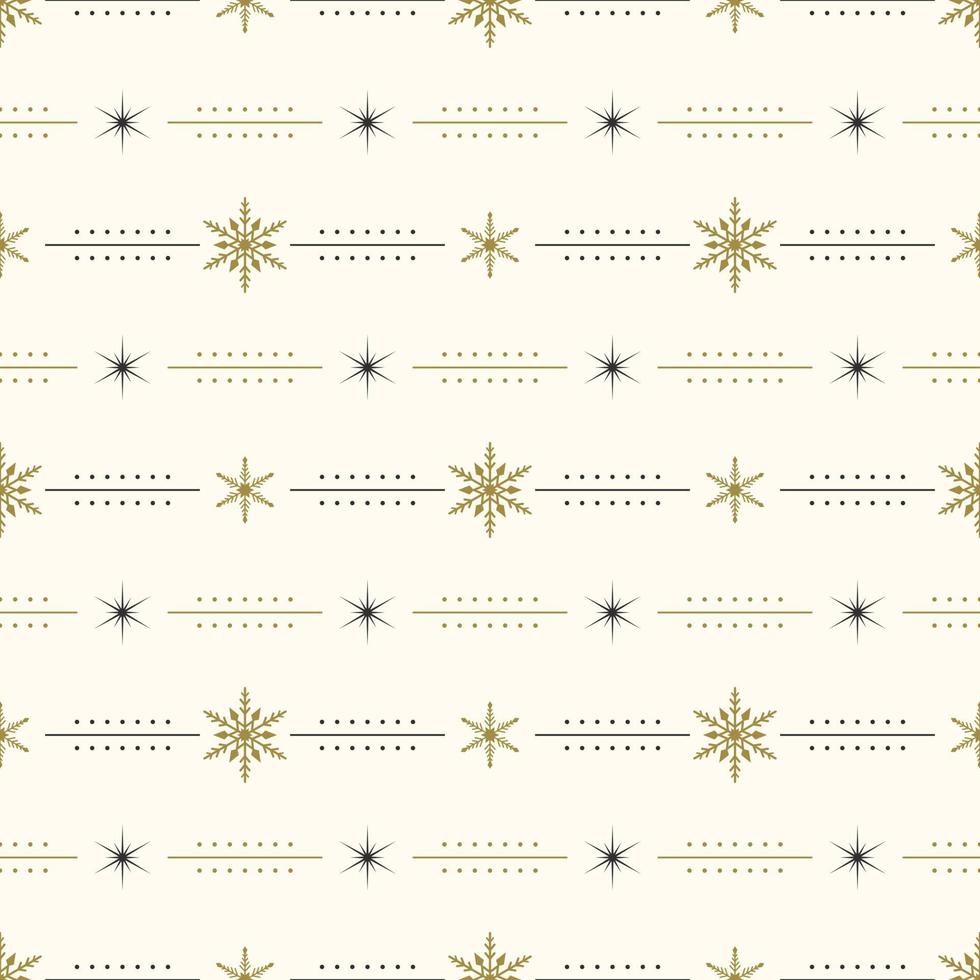 Seamless pattern with gold and black snowflakes and stars on background. Festive winter traditional decoration for New Year, Christmas, holidays and design. Ornament of simple line vector