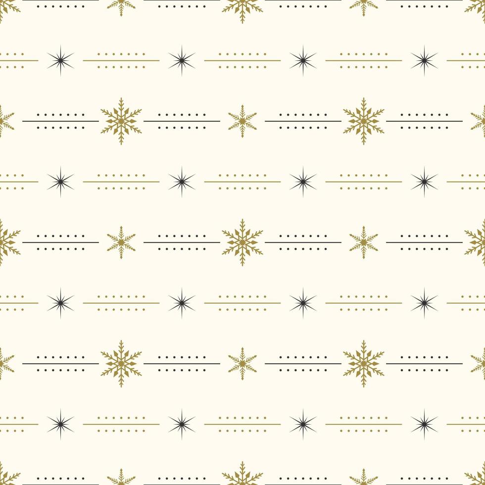 patrón sin fisuras con copos de nieve dorados y negros y estrellas sobre fondo. decoración tradicional de invierno festivo para año nuevo, navidad, vacaciones y diseño. adorno de línea simple vector