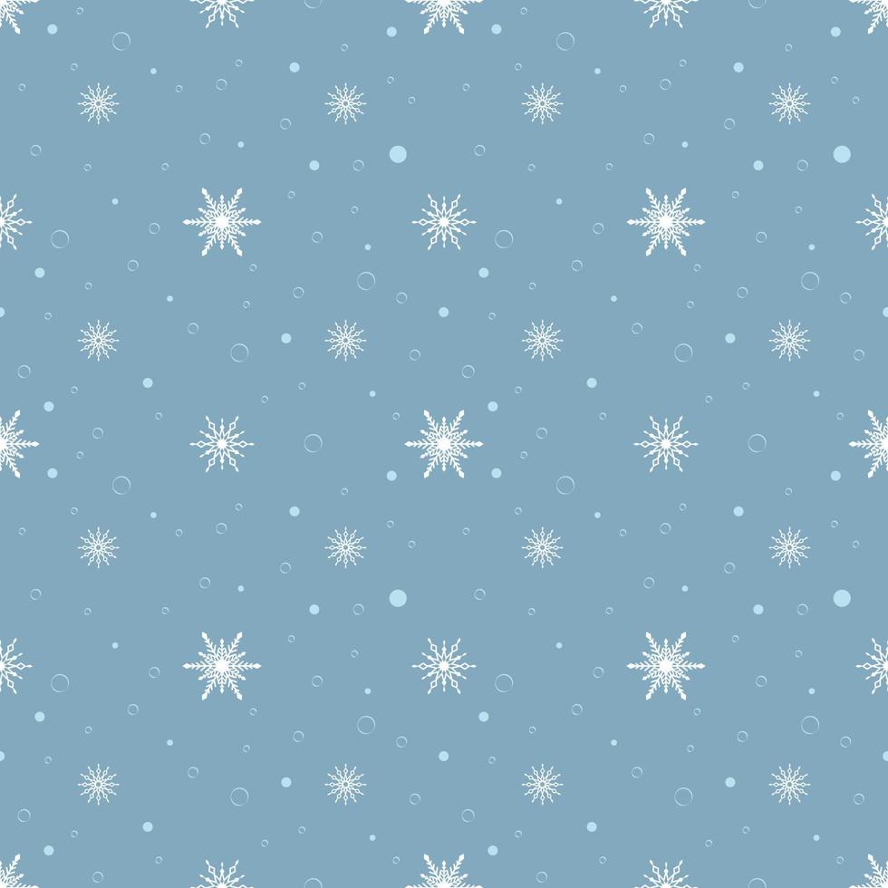 Seamless pattern with white snowflakes on blue background. Festive winter traditional decoration for New Year, Christmas, holidays and design. Ornament of simple line repeat snow flake vector