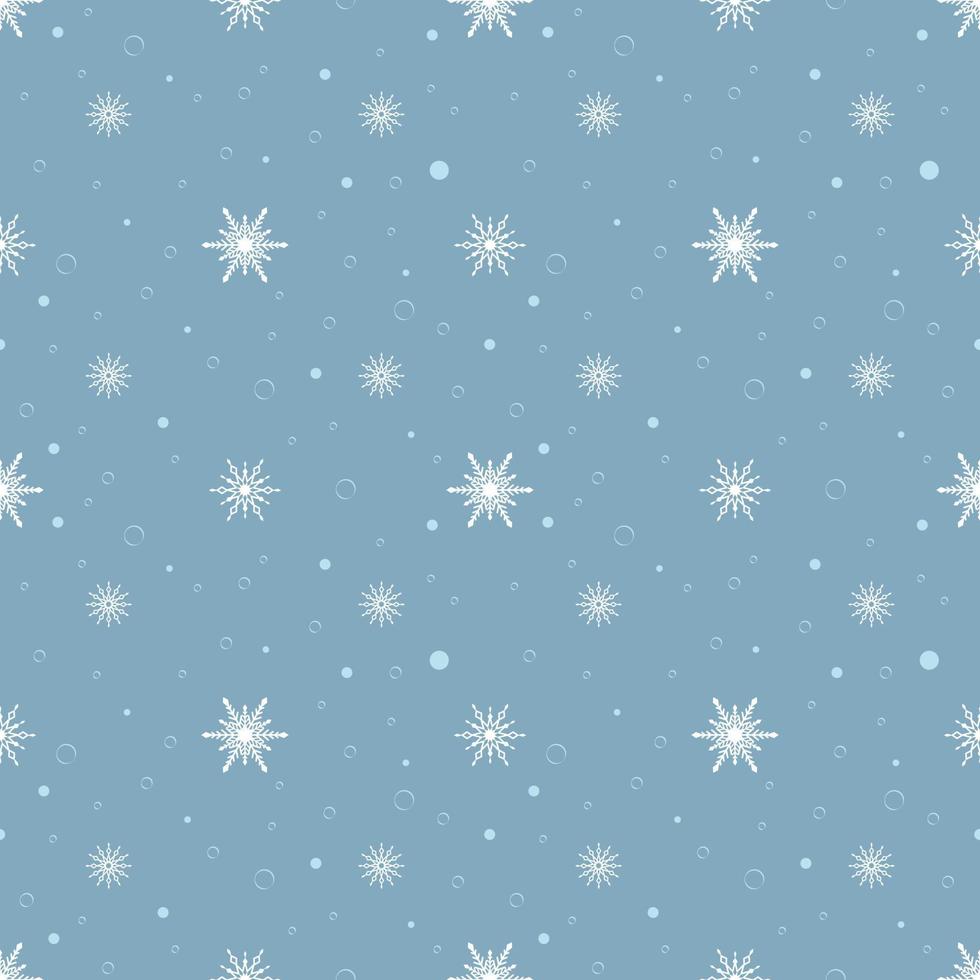 Seamless pattern with white snowflakes on blue background. Festive winter traditional decoration for New Year, Christmas, holidays and design. Ornament of simple line repeat snow flake vector
