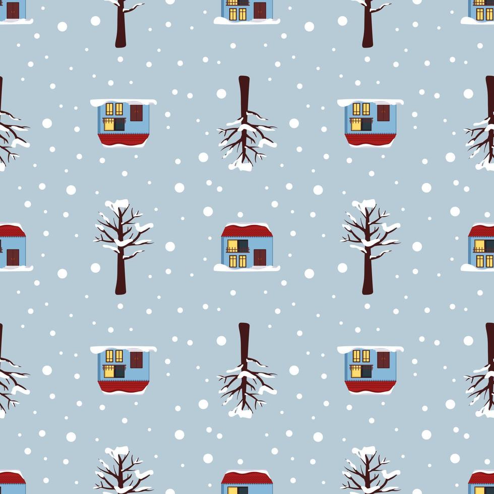 patrón sin fisuras con casas festivas de Navidad, árboles en la nieve y copos de nieve sobre fondo azul. impresión brillante para año nuevo y vacaciones de invierno para papel de regalo, textiles y diseño vector