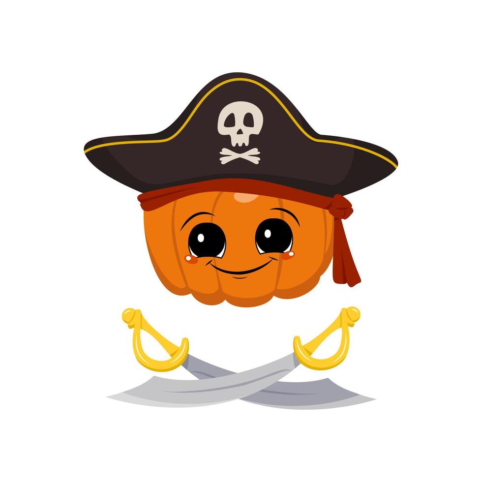 Cute pumpkin character with happy emotions, face, big eyes and wide smile in captain cocked hat and crossed sabers. Halloween party decoration. Mischievous Vegetable Hero vector