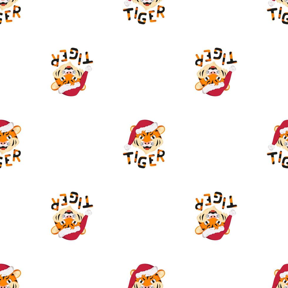 Seamless pattern with happy tiger, symbol of New Year in red Christmas Santa hat. Print for holiday decoration with orange striped lettering vector
