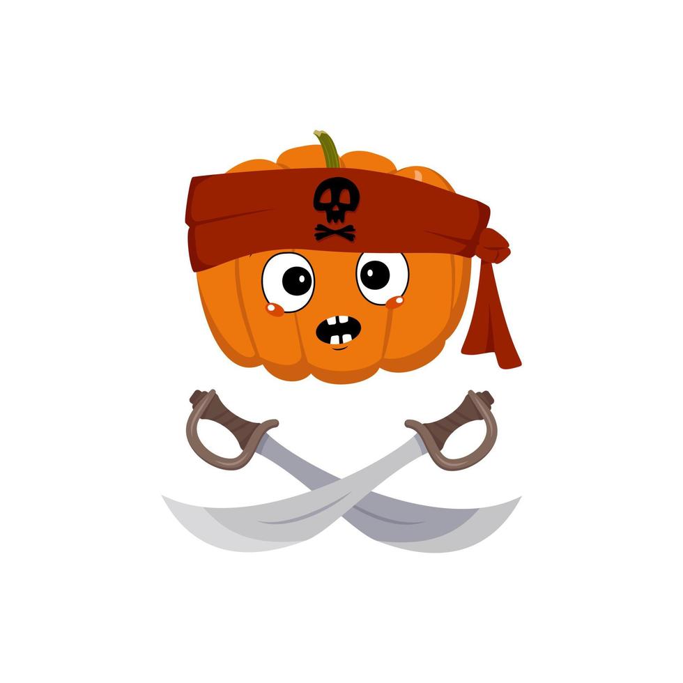 lindo personaje de calabaza con pánico de emociones, cara de sorpresa, ojos conmocionados en pañuelo con calavera y sables cruzados. decoración de fiesta de halloween. héroe vegetal travieso vector