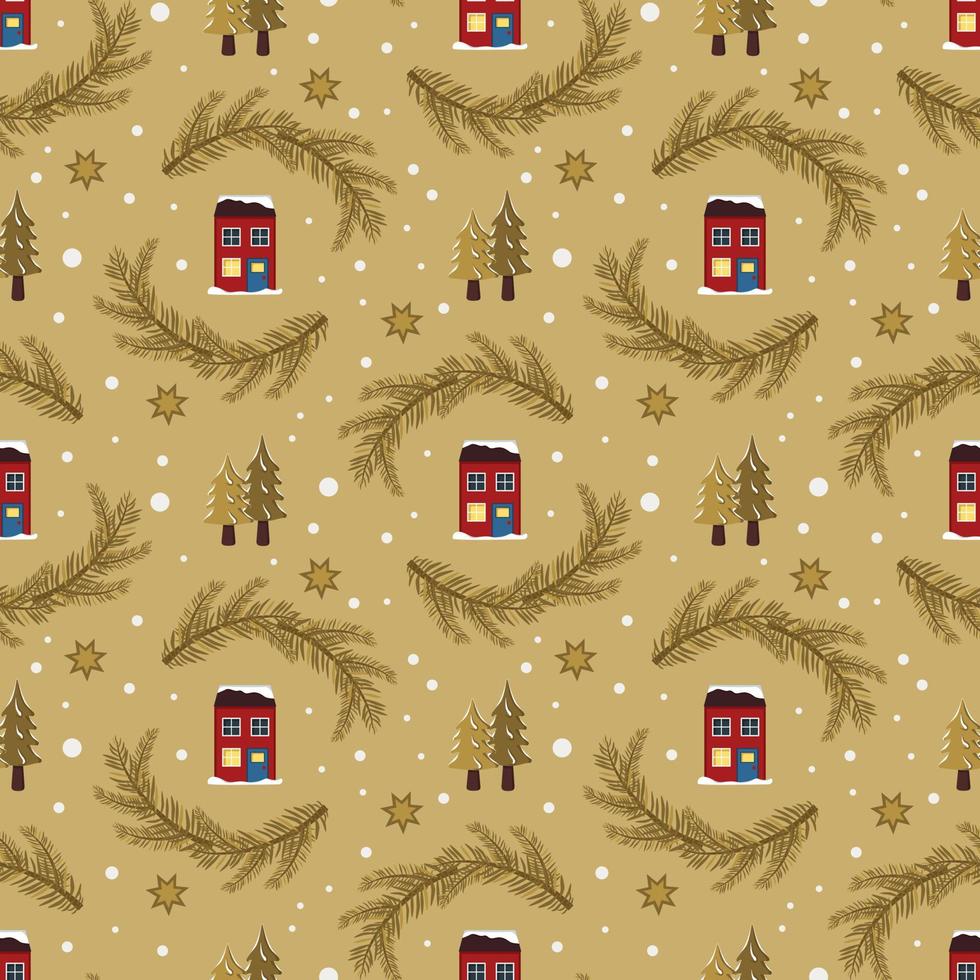 Seamless pattern with festive Christmas houses, trees in snow and stars on cold background. Bright print for New Year and winter holidays for wrapping paper, textile and design vector