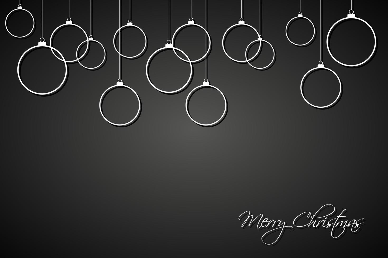 White christmas balls with strings on black background. Holiday greeting card with merry christmas sign. Happy new year vector iilustration