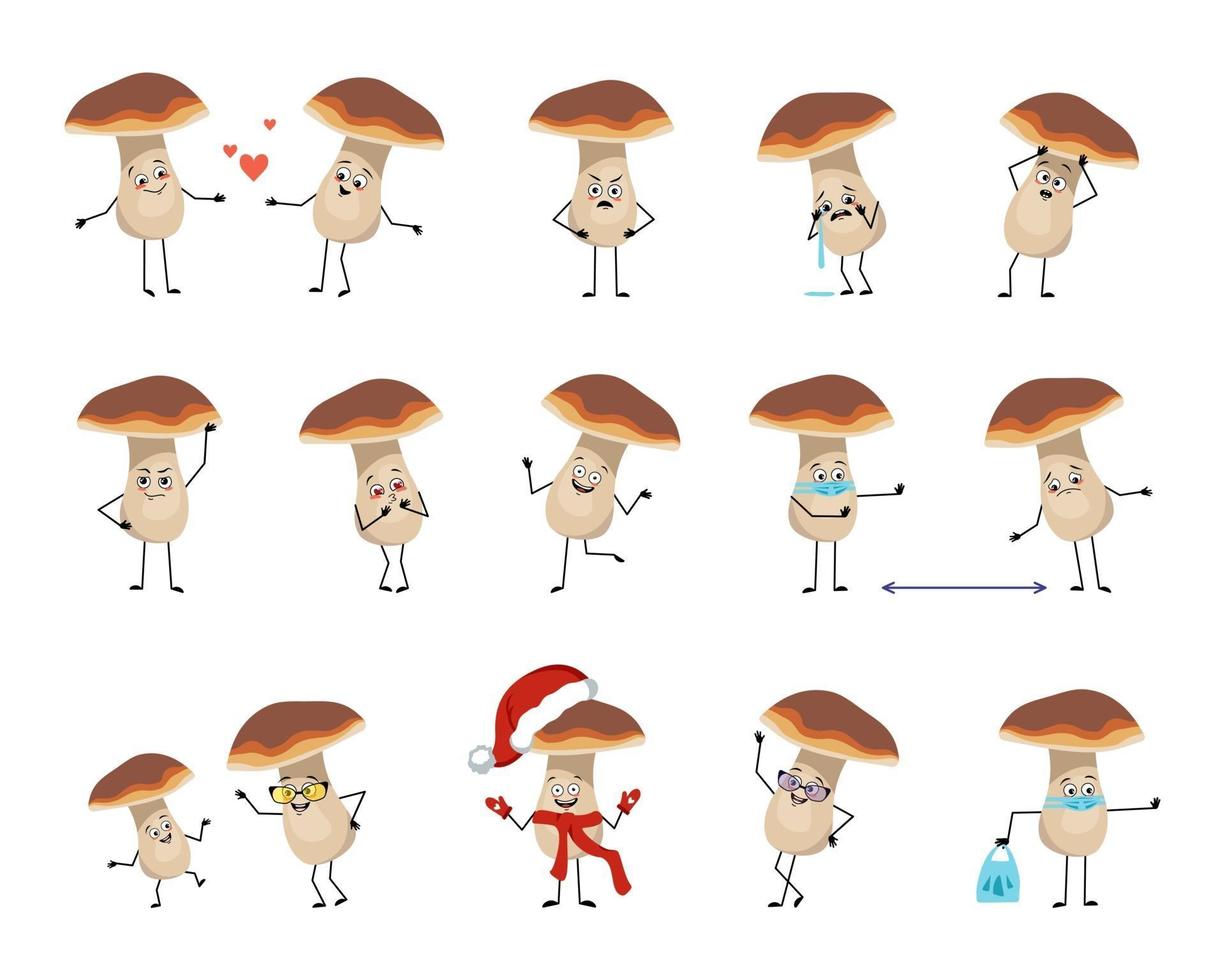Set of mushroom characters with emotions, face, hands and feet. A cheerful or sad forest plant with eyes falls in love, the hero keeps his distance in a mask, dances in a Santa hat vector