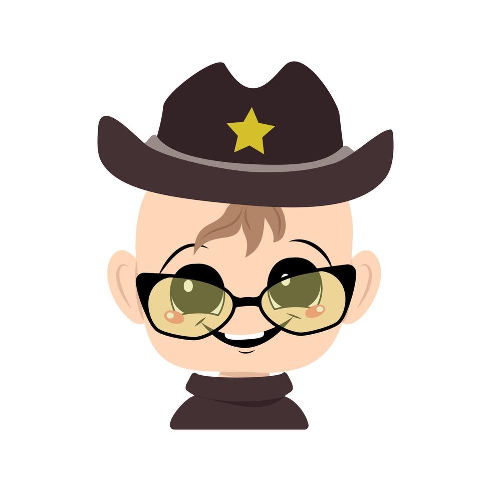 Avatar of a child with big eyes and a wide smile in a sheriff hat with a yellow star. Cute kid with a joyful face in a carnival costume. Head of adorable baby with happy emotions vector