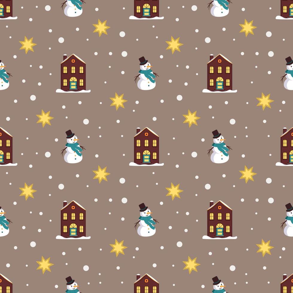 patrón sin fisuras con casas festivas de Navidad, muñeco de nieve, estrellas y copos de nieve sobre fondo dorado. impresión brillante para el año nuevo y las vacaciones de invierno para papel de regalo, textiles y diseño. vector