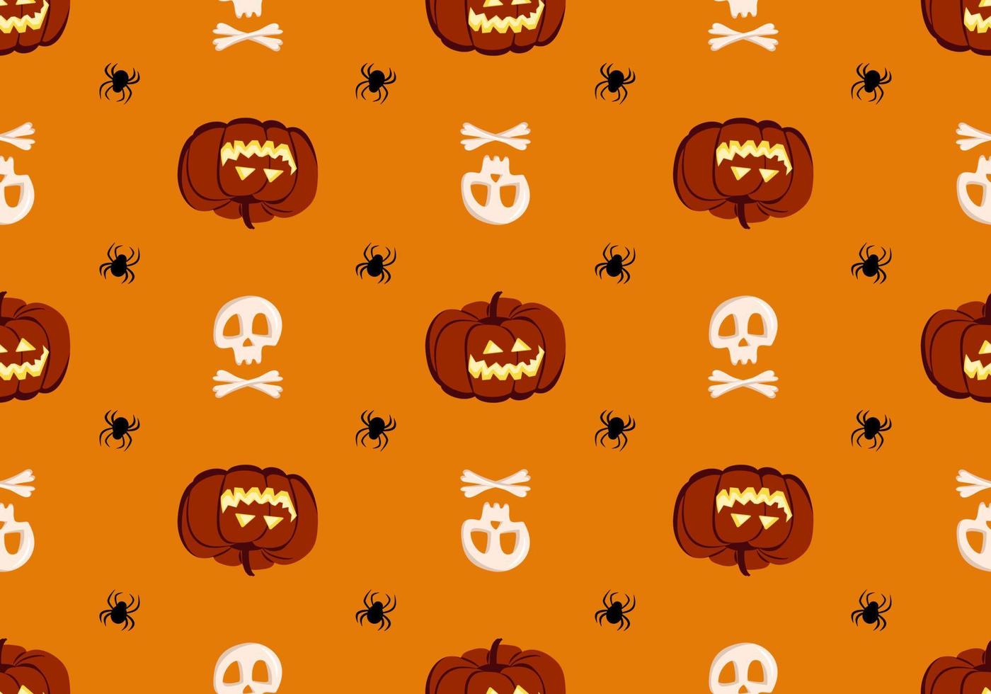 Bright seamless pattern with pumpkins, skulls and spiders. Festive autumn decoration for Halloween. Holiday October background for paper print, textile and design vector