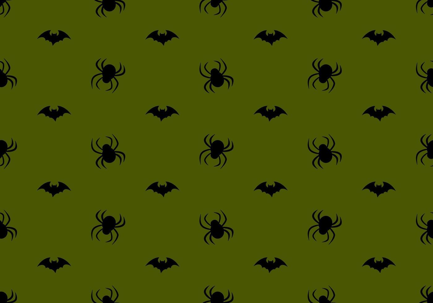 Seamless pattern with spiders and bats on green background. Halloween party decoration. Festive print for paper, textile, holiday and design vector