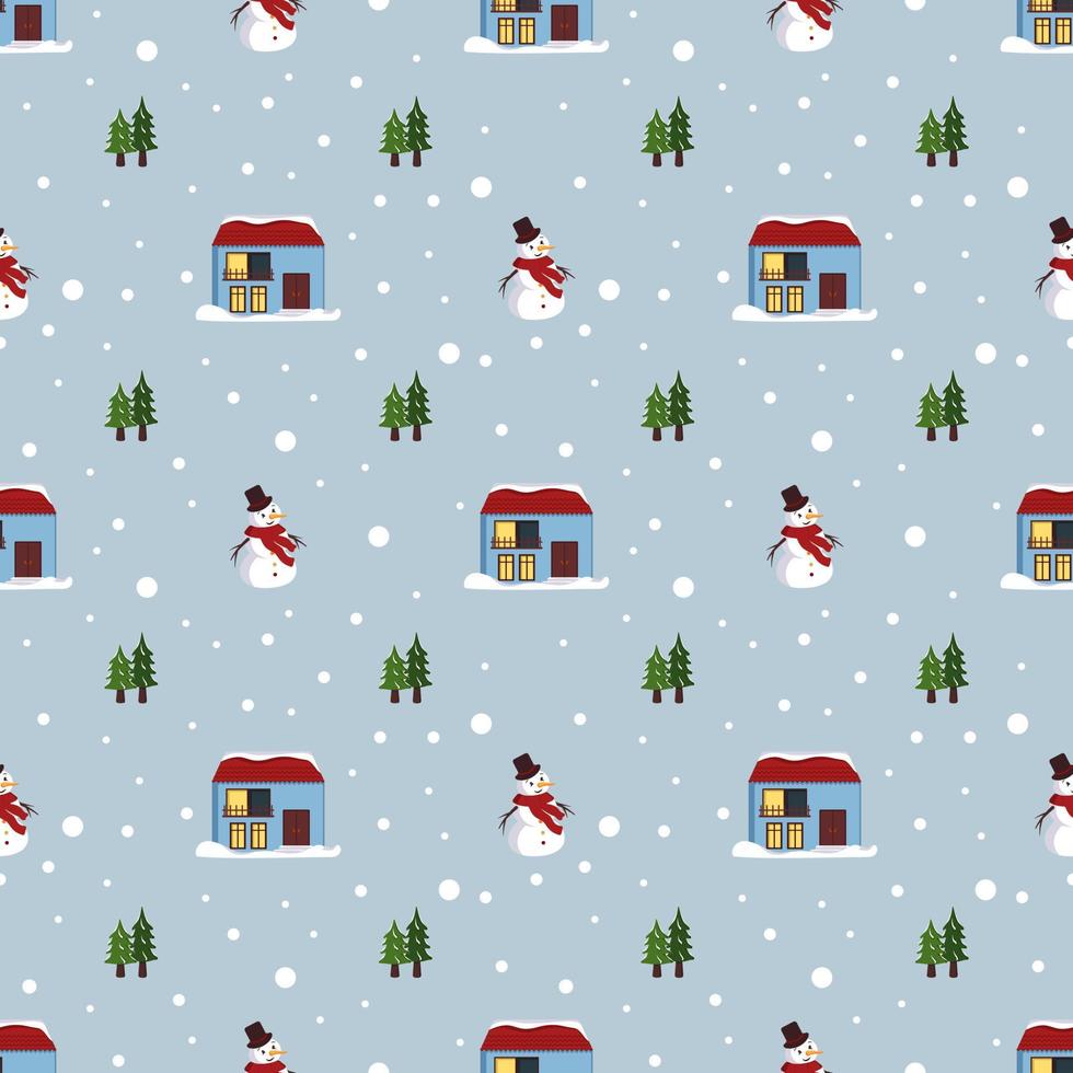 Seamless pattern with festive Christmas houses, snowman, trees and snowflakes on blue background. Bright print for the New Year and winter holidays for wrapping paper, textiles and design. vector