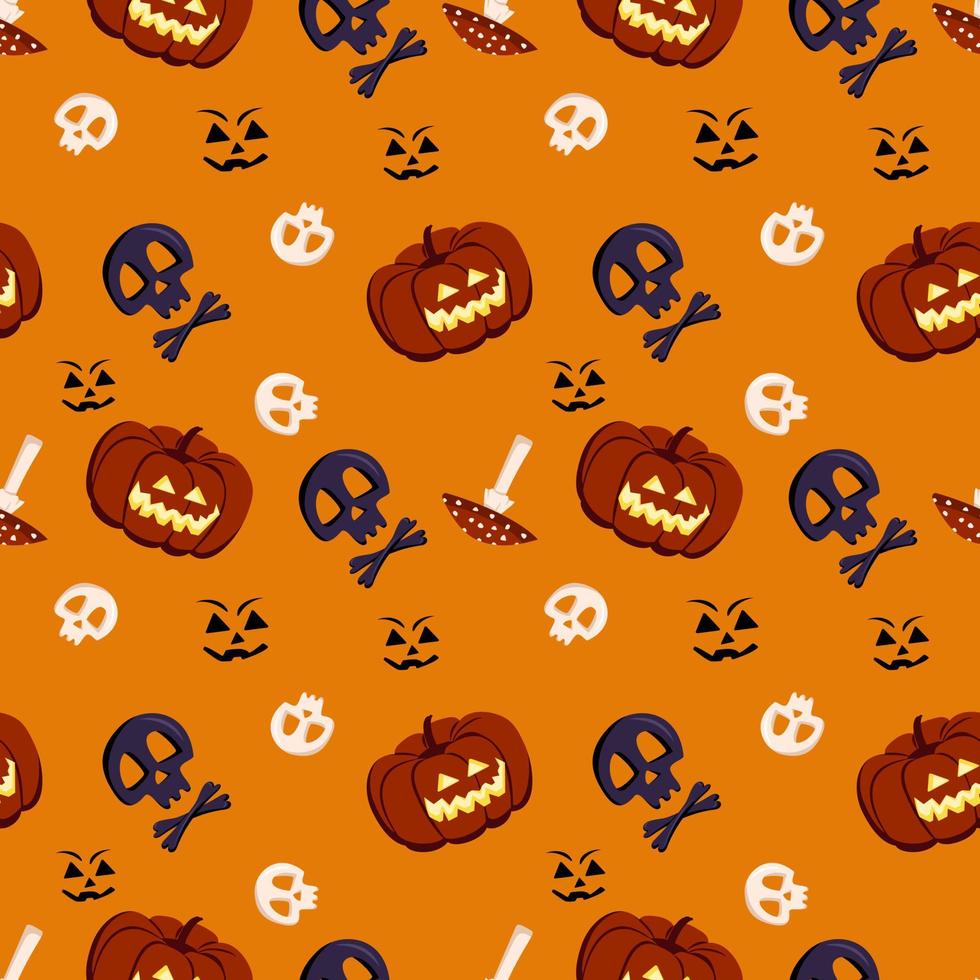 Bright seamless pattern with pumpkins and skulls, grin and fly agaric. Festive autumn decoration for Halloween. Holiday October background for paper print, textile and design vector