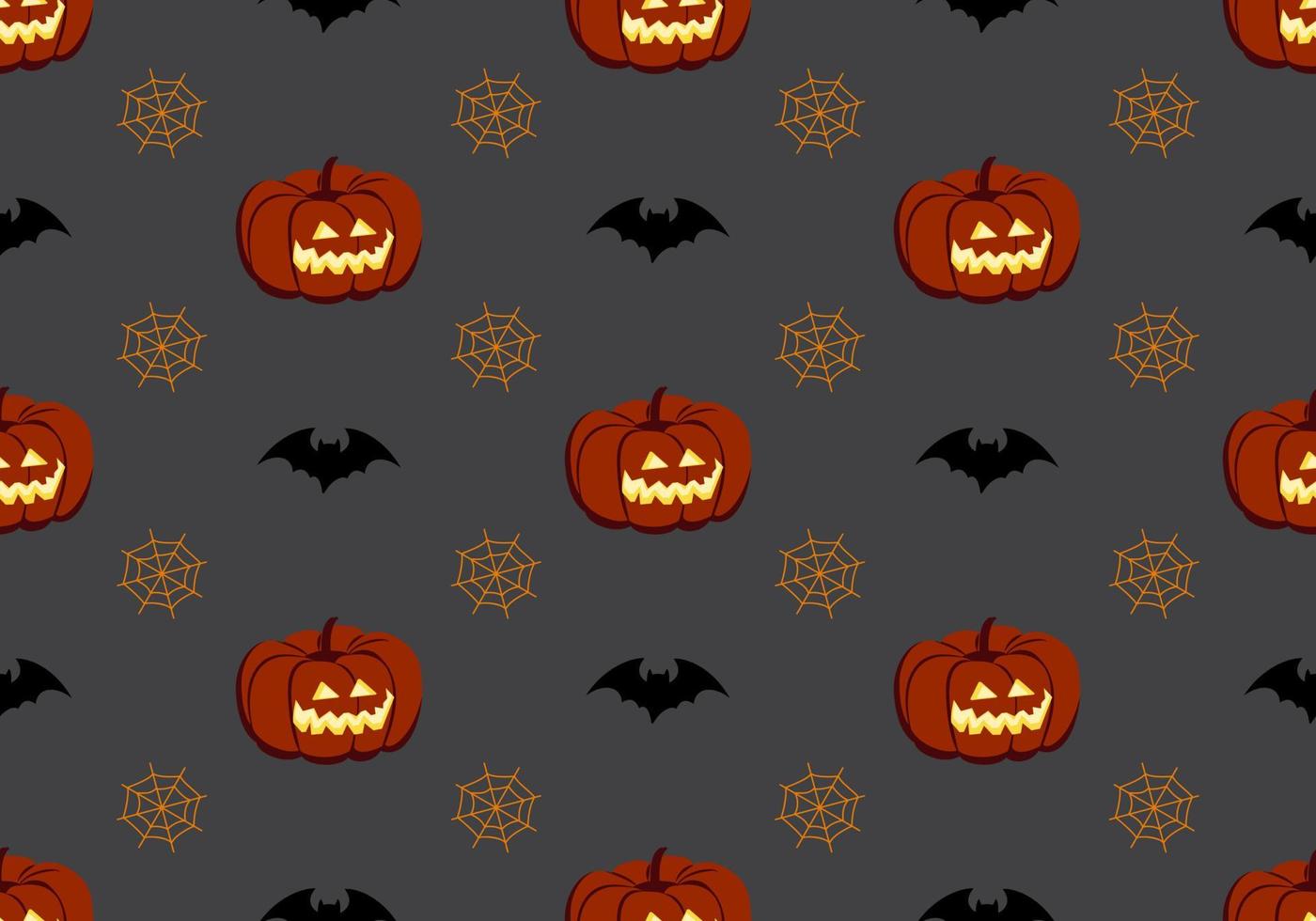 Bright seamless pattern with pumpkins, bats and spiders web. Festive autumn decoration for Halloween. Holiday October background for paper print, textile and design vector