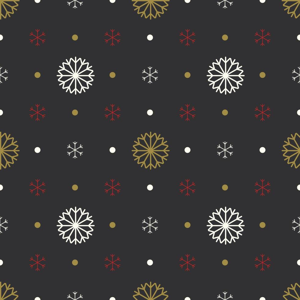 Seamless pattern with white and red snowflakes, gold dots on black background. Festive winter traditional decoration for New Year, Christmas, holidays and design. Ornament of simple line vector