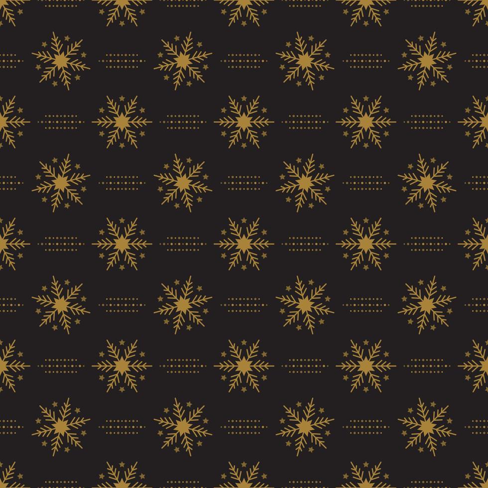 Seamless pattern with gold snowflakes and dots on black background. Festive winter traditional decoration for New Year, Christmas, holidays and design. Ornament of simple line vector