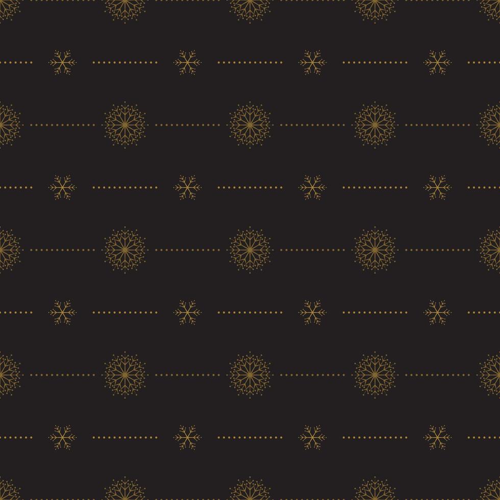 Seamless pattern with gold snowflakes and dots on black background. Festive winter traditional decoration for New Year, Christmas, holidays and design. Ornament of simple line vector