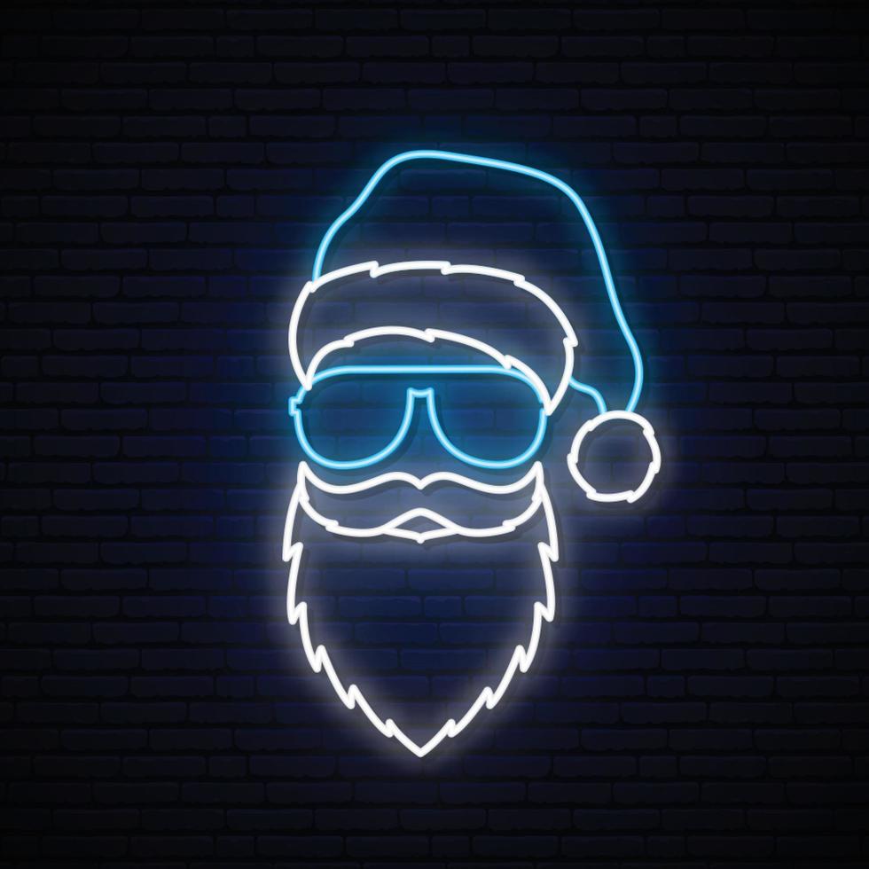 Santa Claus in a blue hat and sunglasses in neon style. vector