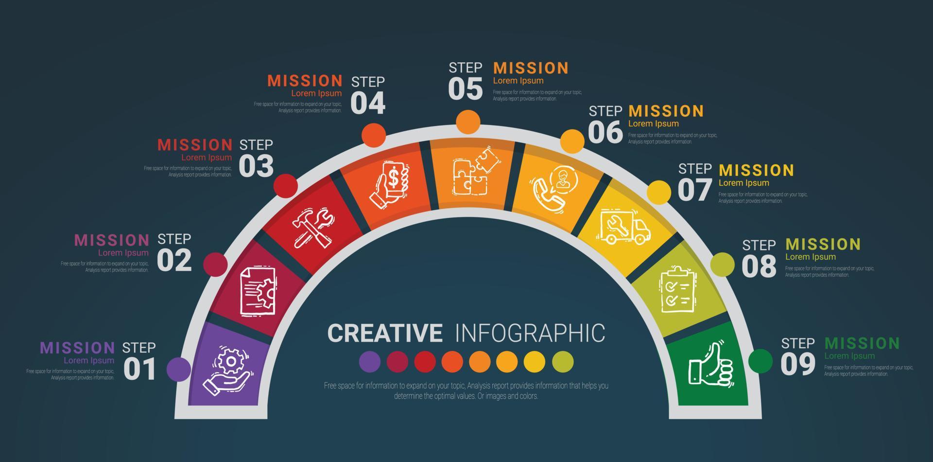 Diseño de elementos infográficos de medio círculo con 9 opciones o pasos. vector