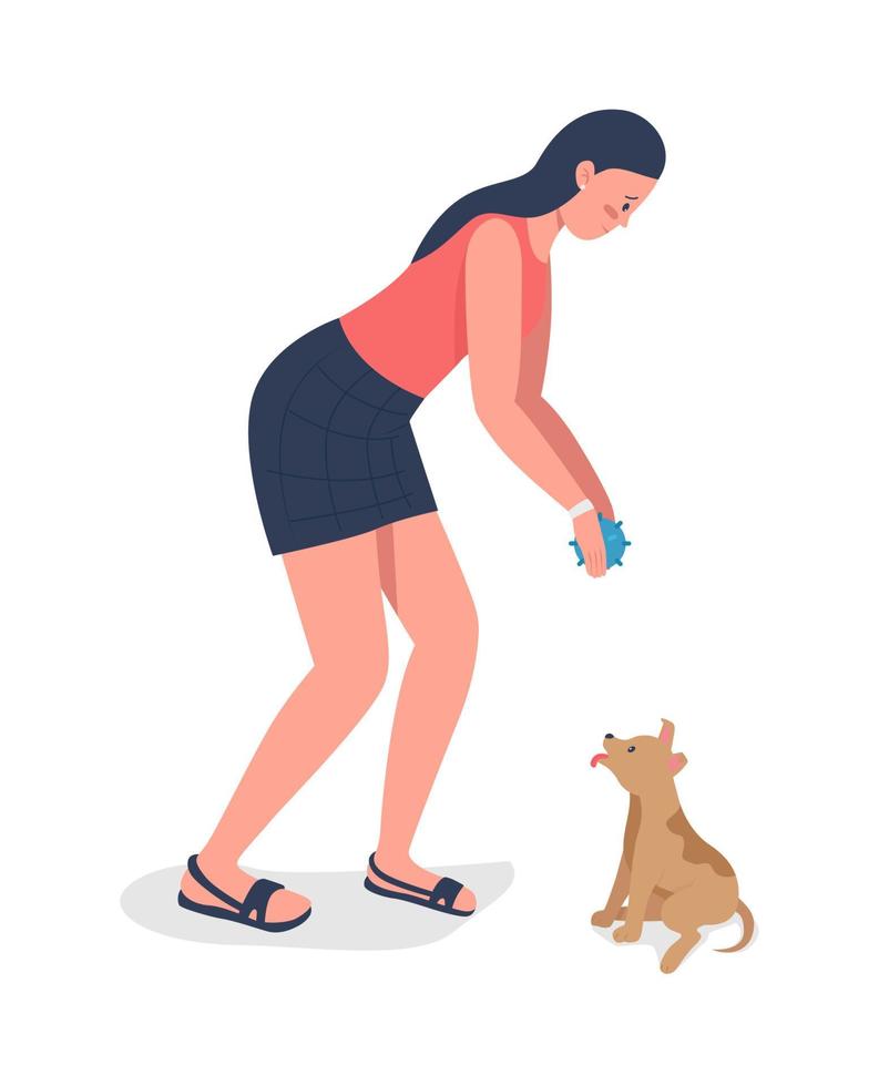 mujer con carácter vectorial de color semi plano de cachorro adoptado. figura de pie. persona de cuerpo entero en blanco. Perro adoptando una ilustración de estilo de dibujos animados moderno aislado para diseño gráfico y animación vector