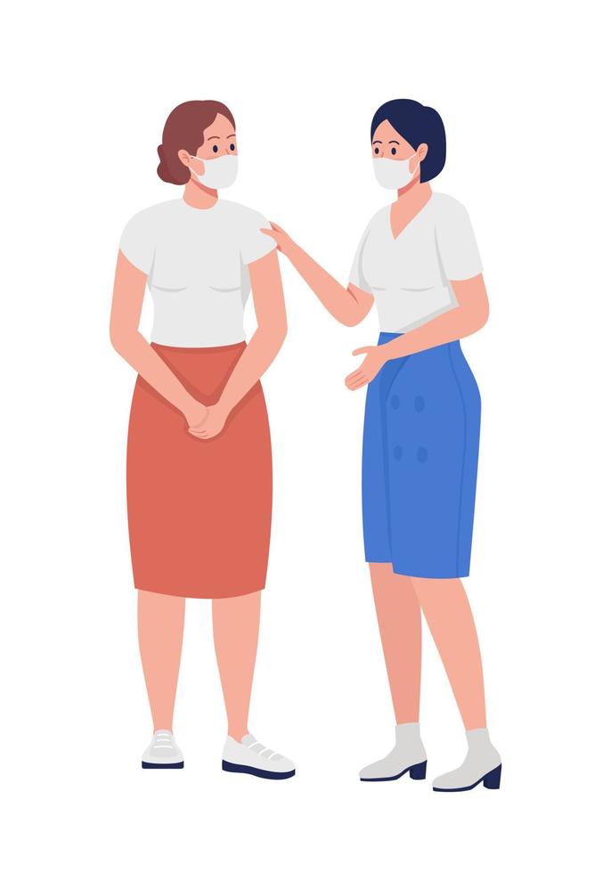 Women in face mask talking semi flat color vector characters. Standing figures. Full body people on white. New normal isolated modern cartoon style illustration for graphic design and animation